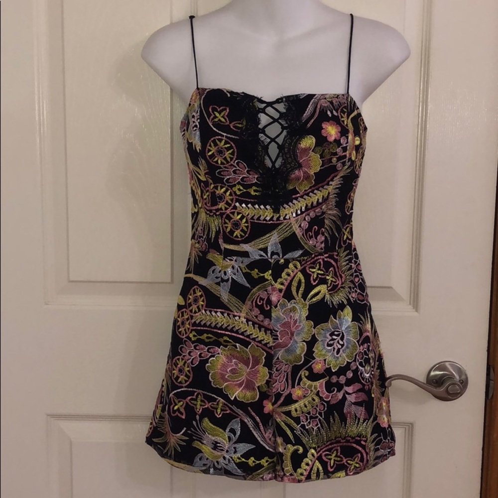 Guess Black Floral Lace-Up Cami Dress with Pink Yellow and Green Accents